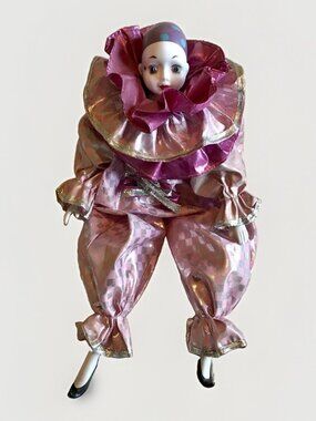 Vintage 1980s Porcelain Harlequin Jester Doll Pink Silver Checkered Clown
